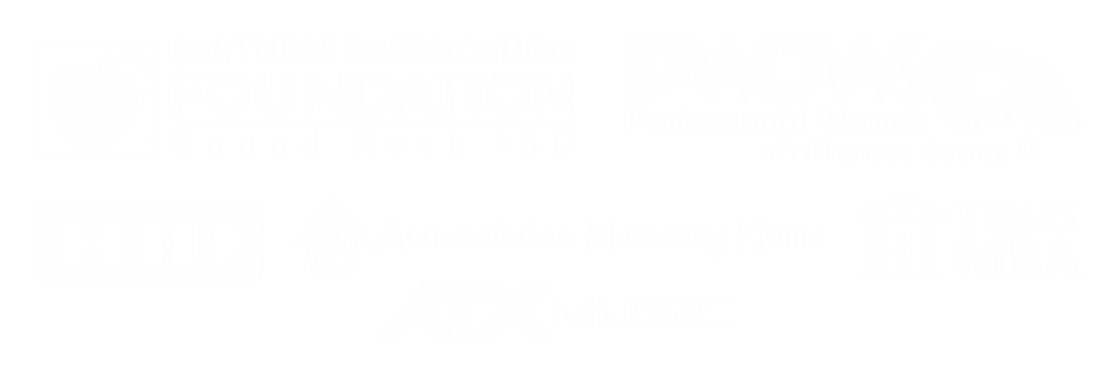 Logos of Partners in Education Foundation, Professional Women of Williamson County, HID, Annunciation Maternity Home, Texas MBA and ATX Music