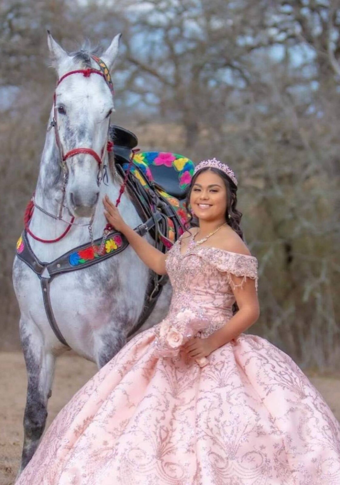 pink-1-2 Young woman in a pink quinceañera gown and tiara standing beside a gray horse